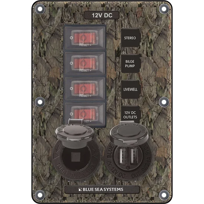 Blue Sea 4324 Circuit Breaker Switch Panel 4 Postion – Camo w/12V Socket Dual USB [4324]