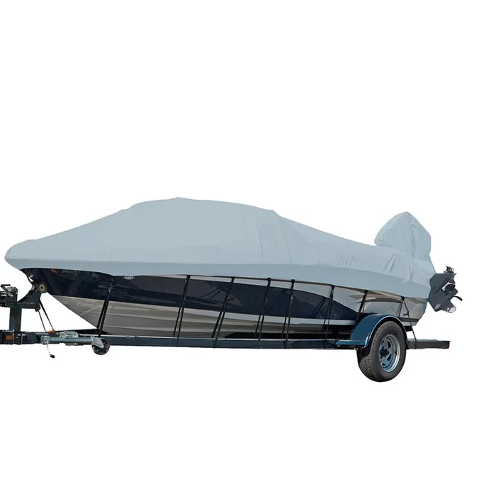 Carver Performance Poly-Guard Styled-to-Fit Boat Cover f/16.5′ V-Hull Runabout Boats w/Windshield & Hand/Bow Rails – Grey
