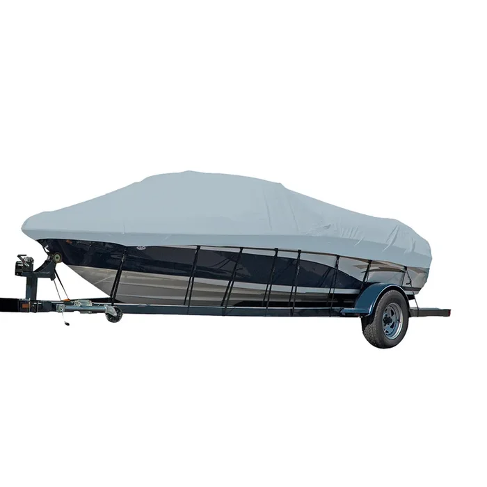 Carver Performance Poly-Guard Styled-to-Fit Boat Cover f/17.5′ Sterndrive V-Hull Runabout Boats (Including Eurostyle) w/Windshield & Hand/Bow Rails – Grey