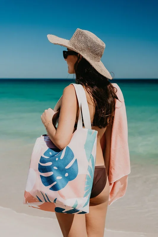 Good Vibes™ Beach Shopping Bag, Inner Pocket, Carry Handles – Blush Palm