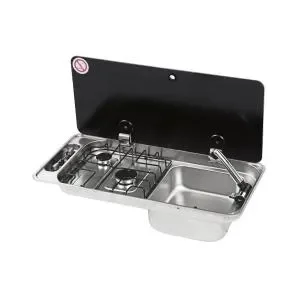 LAVELLO INOX CON PIANO DI COTTURA A GAS CON 2 FUOCHI FL1400 VASCA DX
