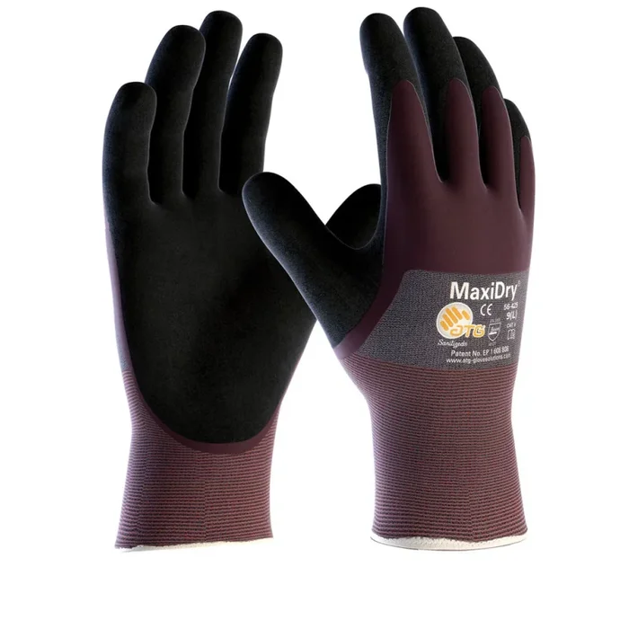MaxiDry Waterproof Grip Work Gloves – Synthetic Coating, Seamless Lining, 25 cm Length, Violet/Black, Size 9 for Sailing and Boating