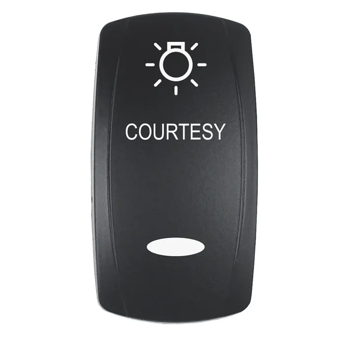 Pacer Actuator – ‘COURTESY’ f/V Series Contura Switches – Black – Laser Etched (Top/Bottom Light) [EV2LE-CTSY]