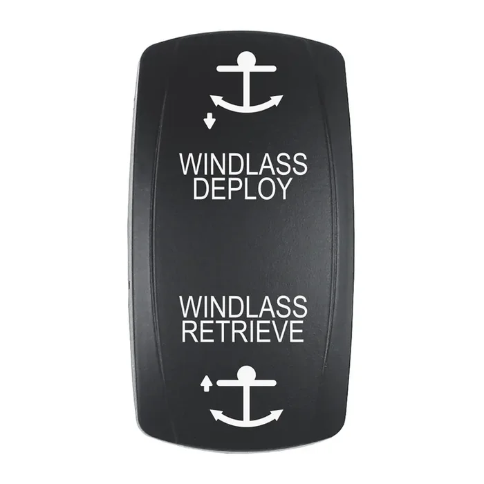 Pacer Actuator – ‘WINDLASS DPLY/RTRV‘ f/V Series Contura Switches – Black – Laser Etched (Top/Bottom Light)