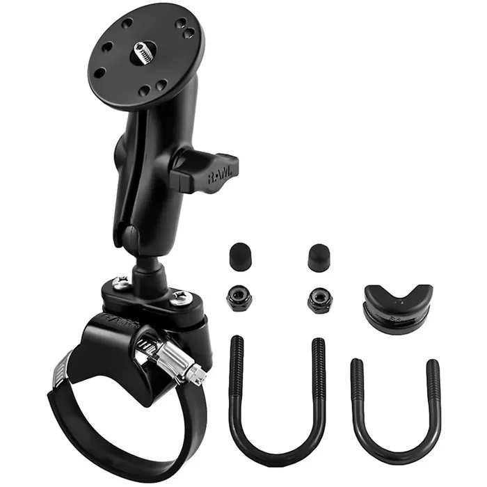 RAM Mount Strap Clamp Roll Bar Mount w/Standard Length Double Socket Arm & 2.5″ Round Base w/1/4″-20 Male Threaded Post