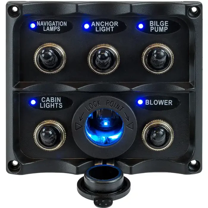 Sea-Dog Water Resistant Toggle Switch Panel w/LED Power Socket – 5 Toggle – 424627-1