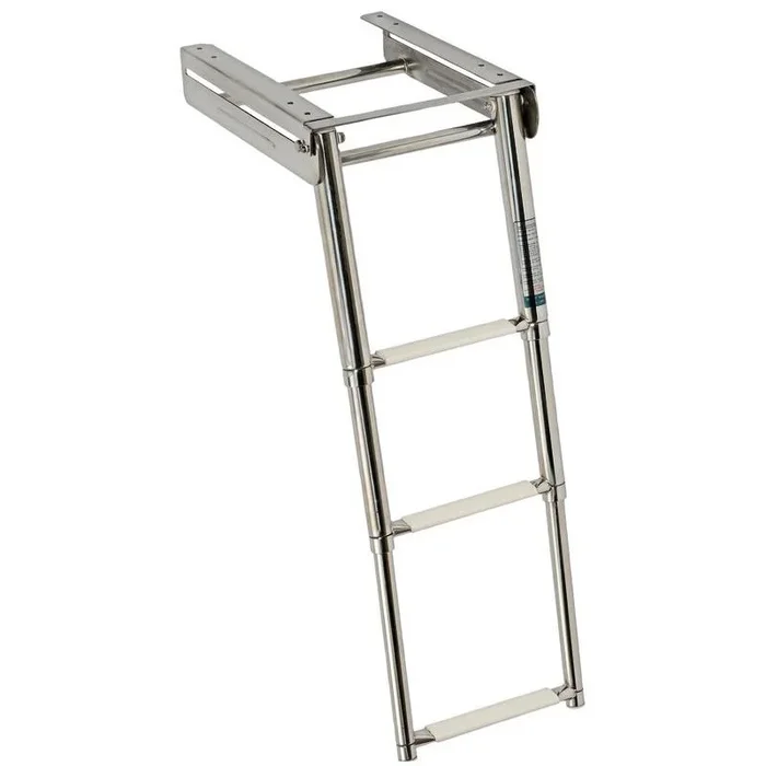 Telescopic Foldaway 3-Step Ladder in AISI316 Stainless Steel with Safety Lock and White Coated Oval Steps for Nautical Use