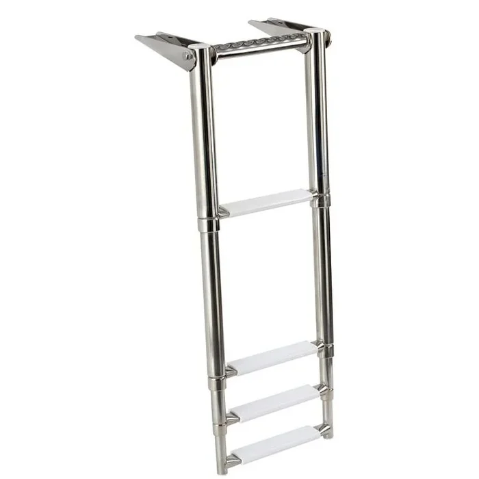 Telescopic Gangplank Ladder with Built-in Handle – Mirror-Polished Stainless Steel with Oval Steps and White Plastic Footboard