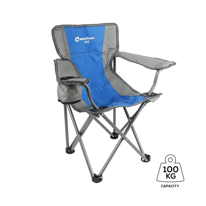 WILDTRAK™ KIDS Blue/Grey Foldable Camp Chair, Easy Clean Fabric, Drink Holder, Weight Rated 100kg, Carry Bag with Shoulder Strap